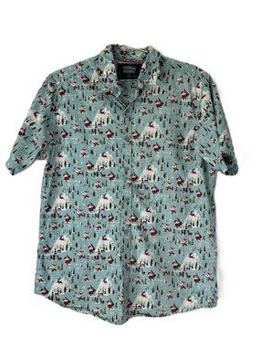 Monument Santa Reindeer Print Button Up Shirt Blue L